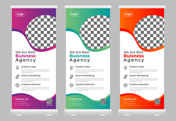 Business Rollup banner, brochure design with simple shapes for minimalistic company promotion, business presentation, stand template design, 3 color variation banner, Creative layout