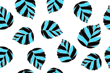 Fototapeta premium Tropical Blue Turquoise Bright Leaves. White Background. Exotic Seamless Pattern
