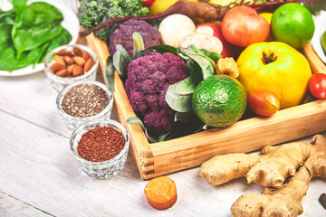 Healthy balanced vegan dieting concept. Organic vegetables, detox diet,