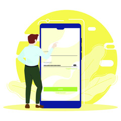 man with tablet computer, Man near big smartphone, on screen login page. Illustration for web