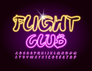 Vector creative sign Flight Club. Artistic Neon Font. Glowing handwritten Alphabet Letters and Numbers