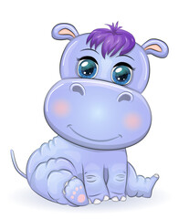 Cute hippo cartoon with beautiful eyes hand-drawn illustration. baby shower invitation card.