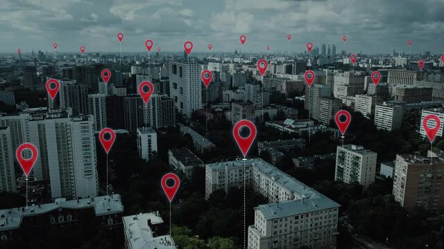 Technology in Modern Smart City at Twilight. Wireless Data Communication. Exact Location Icons 