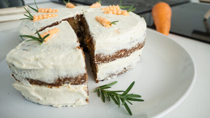 Yummy Carrot cake by funny and pretty chef. Zoom ,Macro.