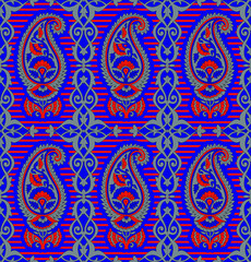 Seamless abstract geometrical paisley pattern with strips and navy background.