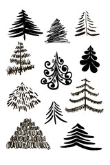 Obraz premium New Year trees, hand-drawn vector. Cute abstract conifer pine fir Christmas needle trees collection 