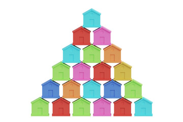 Obraz premium Small multi-colored houses are stacked in a pyramid shape, futuristic town block, 3d render