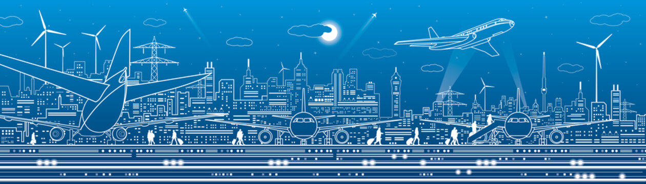 Aviation panoramic. City airport infrastructure illustration. Passengers board the plane. Contour transportation image. Vector design art