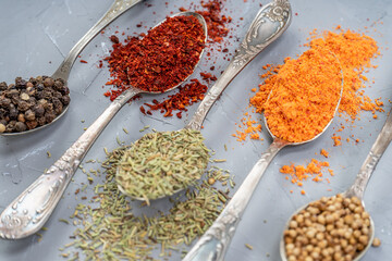 various spices in metal silver spoons with large crystals salt