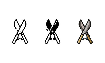 Hedge shears icon. With outline, glyph, and filled outline style