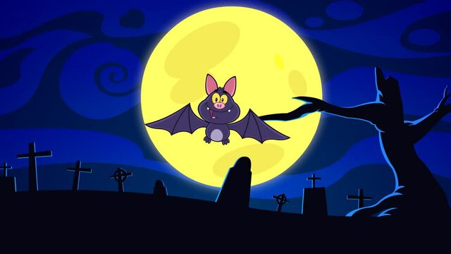 Happy Vampire Bat Cartoon Character Flying In Graveyard On Halloween. 4K Animation Video Motion Graphics With Background