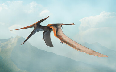 A pteranodon flies in the air over a prehistoric valley. One of the largest flying reptiles, these pterosaurs lived during the cretaceous period.  © Daniel Eskridge