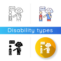 Asperger syndrome icon. Difficulty with communication. Social anxiety. Autistic spectrum. Speech impairment. Interaction problem. Linear black and RGB color styles. Isolated vector illustrations