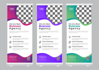 Corporate rollup banner, brochure design with attractive layout for company promotion, business presentation, 3 color variation with attractive gradient