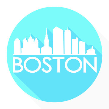 Boston Skyline Button Icon Round Flat Vector Art Design Color Background.