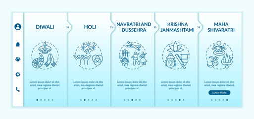Top Hindu festivals onboarding vector template. Krishna Janmashtami. Navratri, and Dussehra. Responsive mobile website with icons. Webpage walkthrough step screens. RGB color concept