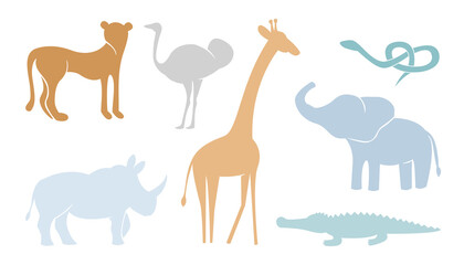 Abstract safari African animals vector set. Collection including giraffe, elephant, rhino, emu, snake, crocodile, cheetah..Scandinavian minimalist childish illustration.