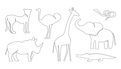 Abstract safari African animals vector set. Collection including giraffe, elephant, rhino, emu, snake, crocodile, cheetah. Line art outline minimalist illustration.