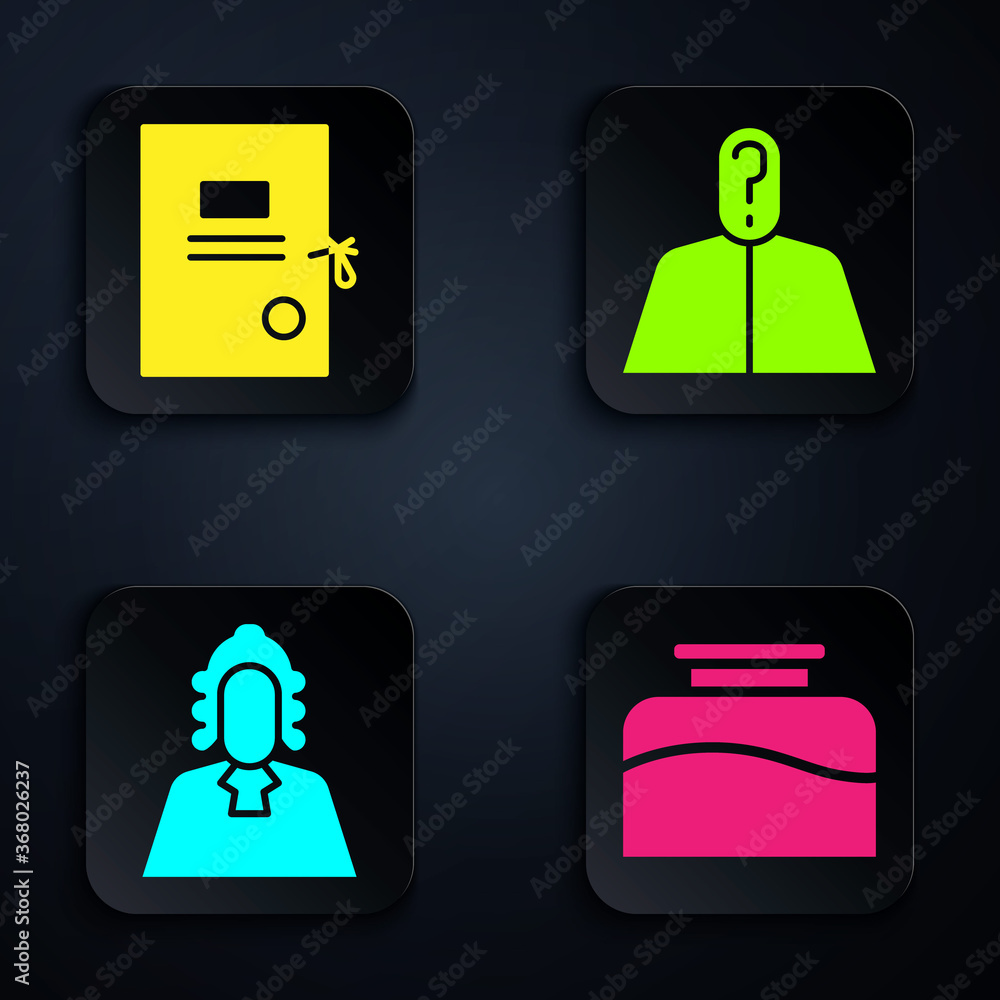 Poster set inkwell, lawsuit paper, judge and anonymous with question mark. black square button. vector.