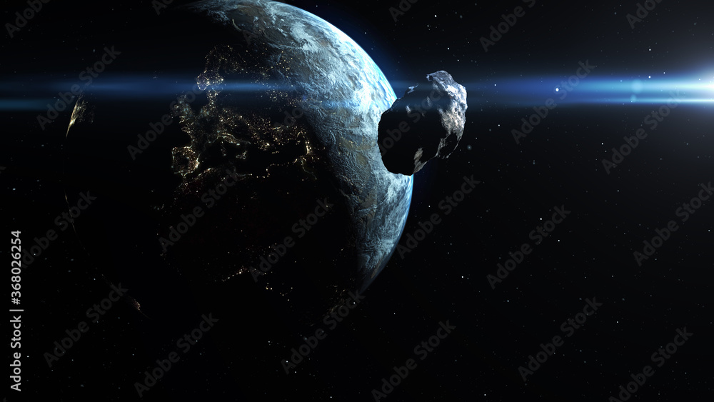 Wall mural asteroid meteor rock flying toward planet earth realitic cinematic vision of earth and large meteor 