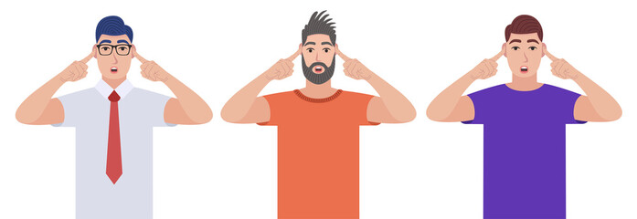 Men covering ears with fingers with annoyed expression for the noise of loud sound or music while standing. Men doesn't want to listen. Character set. Vector illustration in cartoon style.