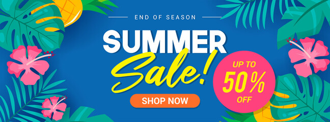 Summer Sale Banner Vector illustration. Tropical leaves with Hibiscus flowers and Pineapple on blue background