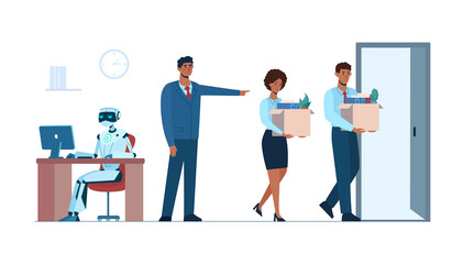 Obraz premium The robot is in the workplace, and people is fired. Artificial intelligence has replaced humans, they lost her job due to robotics. Business people .africans, unemployment. Flat vector isolated