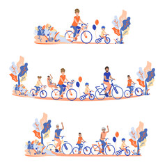 Fototapeta premium Horizontal banners set family on bicycles. Young people, children, seniors and bicycles. Sports and recreation with the family. Flat color illustrations isolated on white background.