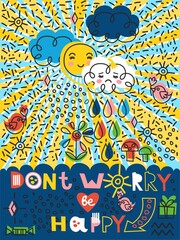 Don't worry be happy! Funny sun hugging sad cloud, vector abstract cartoon illustration.