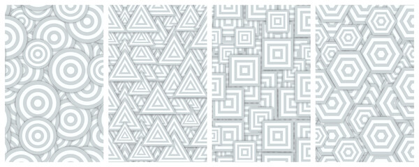 2D Illustration - Abstract Grey Cover Background Set with Geometric Retro Circle, Triangle, Square and Hexagon Shapes surface - e.g. for ebook cover design