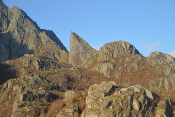 Autumn colors in the mountains and fjords of the Lofoten islands in Norway