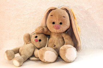 Bunnies on a white background. Plush rabbit toy.