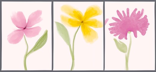 Fototapeta na wymiar Minimalistic botanical poster with abstract flowers. Hand painted for wall decoration, postcard, social media, print or brochure cover design. Modern illustration in pastel colors