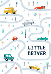 Children's posters with cars, road map and lettering Little driver in cartoon style. Cute illustrations for children's room design, postcards, prints for clothes. Vector - 368027689