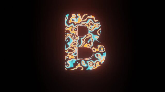 HD video animation of beautiful texture or pattern formation on the Letter B, isolated on black background. 3d rendering abstract loop animation neon lighting effect on Text B.