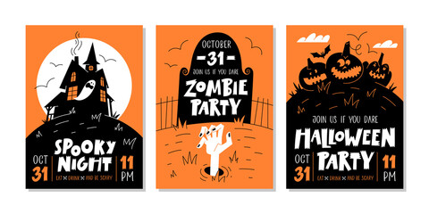 Vector set of Halloween party invitations or greeting cards with handwritten text and traditional symbols.