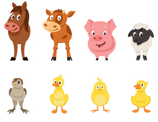 Set of farm animals front view. Young characters in cartoon style.