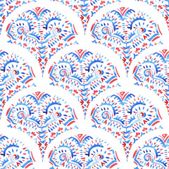 Seamless watercolor pattern. Seigaiha ornament painted on paper. Wavy print for textiles, packaging, home decor. Bohemian style illustration.