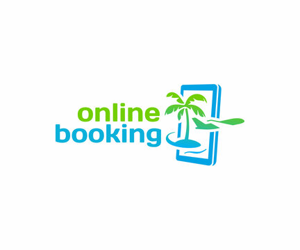 Online travel booking logo design. Flight ticket booking vector design. Summer holiday vacation with smartphone and plane logotype