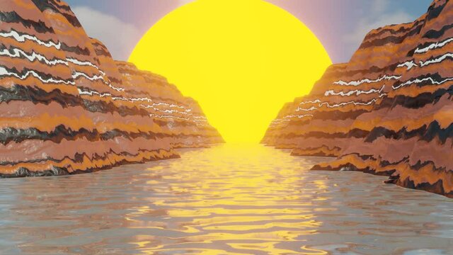 HD video animation of futuristic sci-fi landscape seamless loop. Stylized vintage 3D animation background with river water, mountains, and sun.