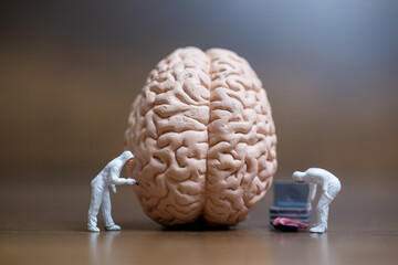 Miniature people , Scientist observing and discussing about human brain , Medical healthcare and...