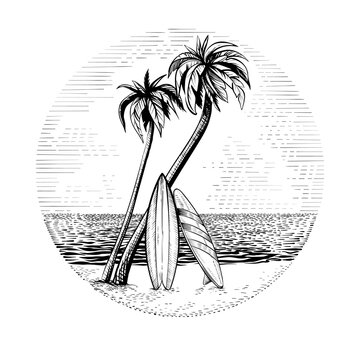Surfboards under the palm trees, vector beach surfing round design.