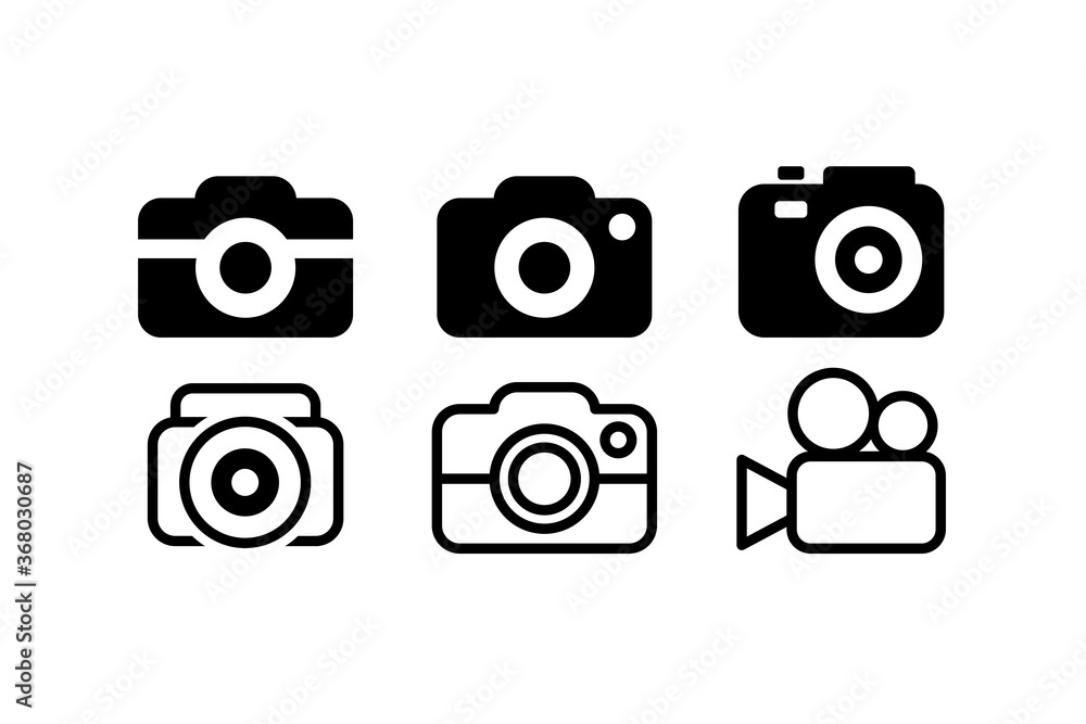 Poster set of simple flat black camera icon illustration design, silhouette camera icon collection with out