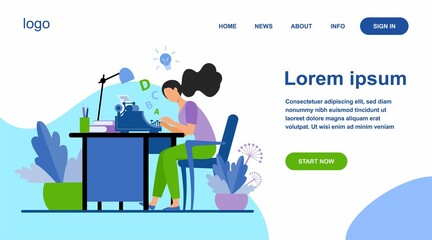 Female writer using retro typing machine. Young woman inspiring with idea, writing creative article at her workplace. Vector illustration for creative crisis, copywriting, vintage concept