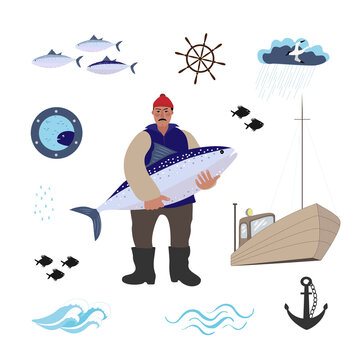 Sea set with sailor, fishes, boat, anchor and seagall. The sailor stands with a large fish in his hands.