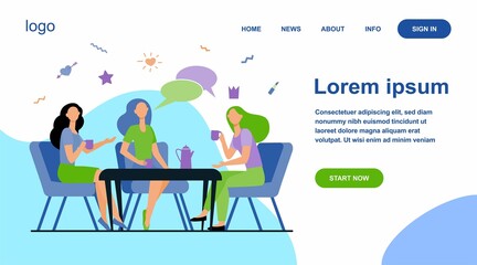 Female friends hanging out in cafe. Women sitting at table, drinking tea or coffee, talking with speech bubble. Vector illustration for chatting, communication, lunch, friendship concept