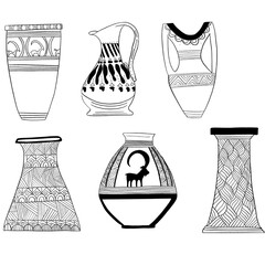 Black and white vases jugs with patterns and paintings for decoration of books magazines outline