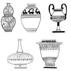 Black and white vases jugs with patterns and paintings for decoration of books magazines outline