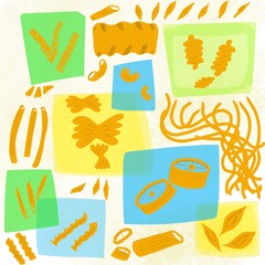 Set with Pasta macaroni of different shapes shells round macaroni in squares of blue green yellow for the background of labels magazines advertising