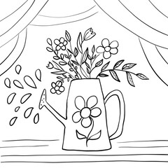 Watering can with flowers daisies Tulips with branches of leaves and the black and white colors to paint with patterns and ornaments for design magazines, books Antistress sites